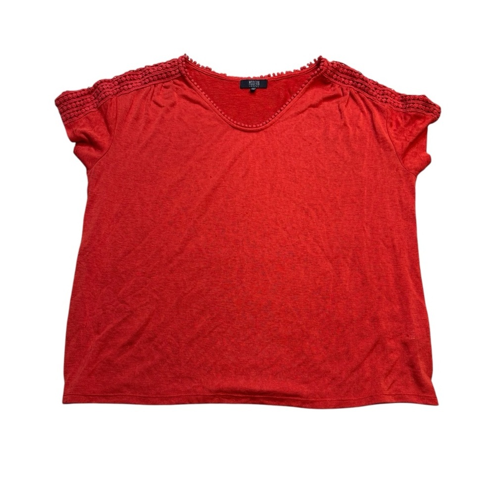 ❤️‎ Modern Canvas Red Pom Pom Trim Short Sleeve Blouse Women’s XXL ❤️